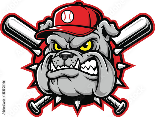 Aggressive bulldog mascot with baseball cap and bats, fierce sports emblem with spiked background - flat vector illustration