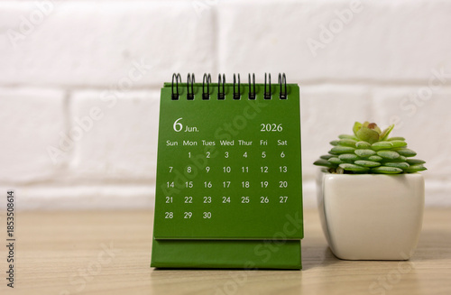 Green desk calendar for June 2026 and white pot with succulent on wooden surface.
