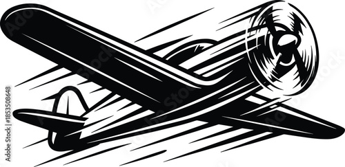 Stylized Black Silhouette of a Propeller Airplane in Motion aircraft vintage