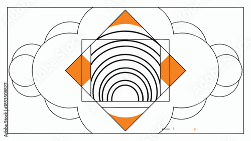 Outline art with orange diamond shapes and concentric arcs on white background vector illustration