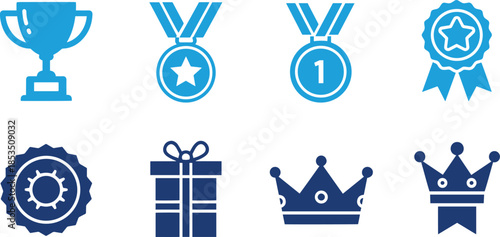 Achievement rewards and recognition badges set in light blue color