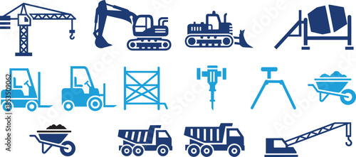 Construction machinery and heavy equipment silhouette icons vector