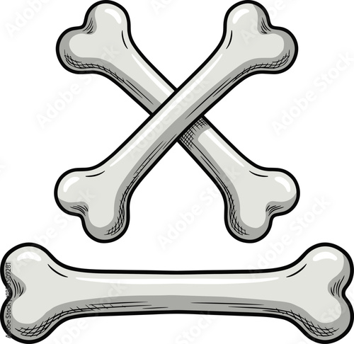 Two Crossed Cartoon Bones and One Long Bone on White Background illustration drawing