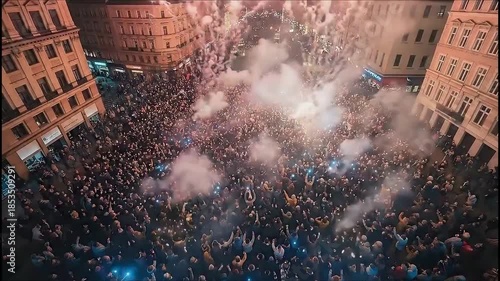 An exciting night scene, crowd of people celebrating under fireworks explosions in the city.