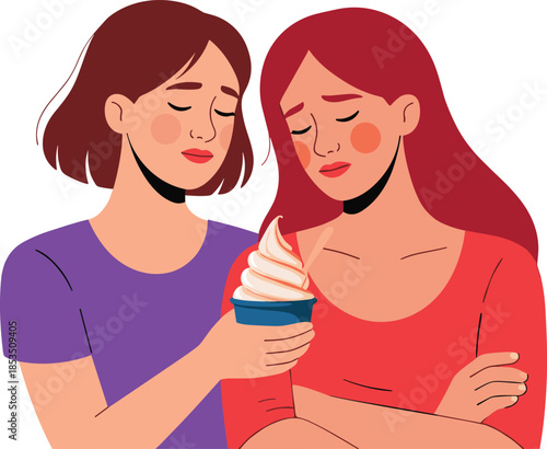Two Sad Women Looking Down at a Soft Serve Ice Cream Cone Keywords: sad, women, girls, sad women, sad girls, crying, upset, unhappy