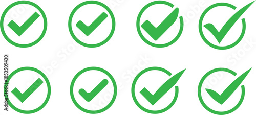 Collection of green checkmarks in circles.  choice, and approval is showcased by two contrasting symbols