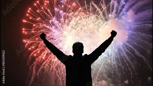 A person joyfully celebrates a burst of colorful fireworks in the night sky.