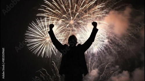 A silhouette of a person celebrates a dazzling firework display.