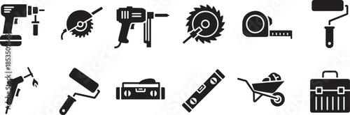 Industrial construction tools and building equipment flat icon set