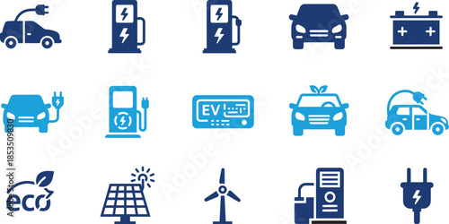 Electric vehicle and charging station icon set for sustainable transport