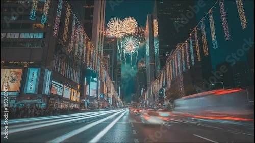 An urban cityscape filled with city lights and fireworks display.