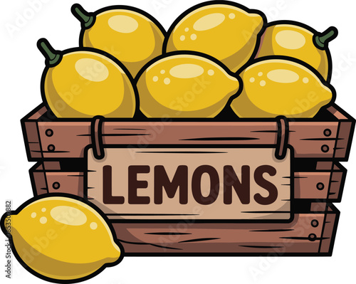 Wooden Crate Filled With Fresh Yellow Lemons and One Lemon Outside fruit citrus