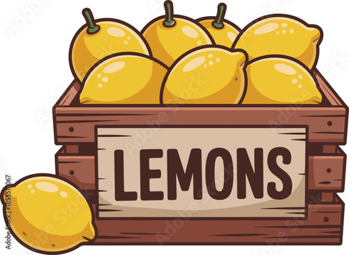 Wooden Crate Filled with Ripe Yellow Lemons and One Lemon Beside It Keywords: lemons, fruit, citrus, yellow, crate, wooden crate