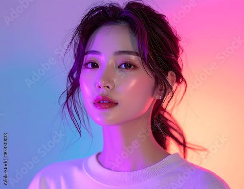 Young woman with radiant skin in a portrait with colorful lighting
