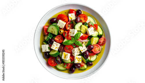 Overhead view of a Greek salad in a white bowl, vivid colors, olive oil
