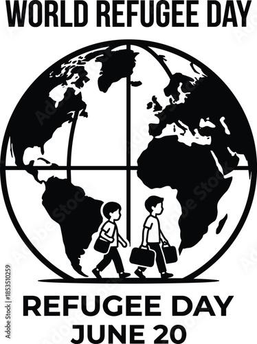 World Refugee Day Globe with Walking Children and Text earth