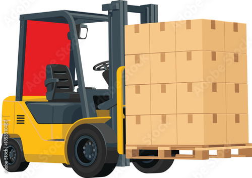 Yellow Forklift Truck Carrying Stacked Cardboard Boxes on a Wooden Pallet industrial vehicle heavy machinery