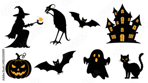 Spooky Halloween Icons Witch, Haunted House, Pumpkin, Bat, Ghost, and Black Cat Silhouettes