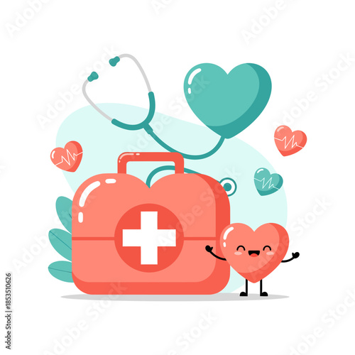 Medical First Aid Kit with Stethoscope and Happy Heart Character.