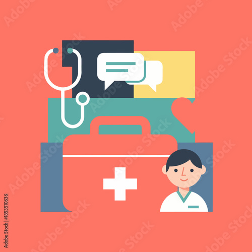 Medical First Aid Kit and Doctor Communication Icons.