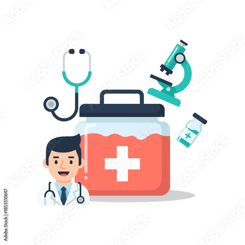 Medical professional with first aid kit and scientific instruments.