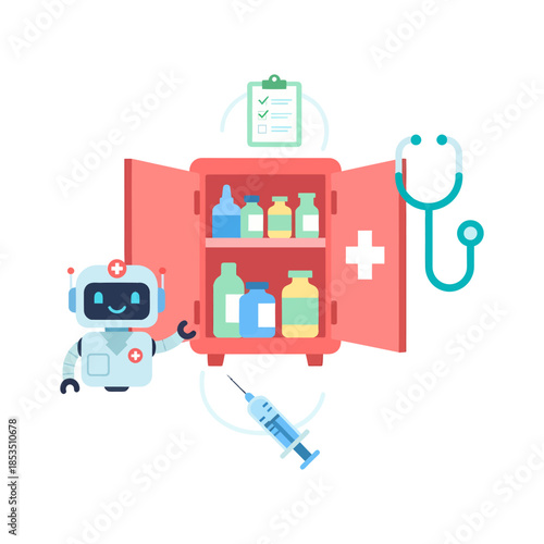 Medical Robot with First Aid Kit and Stethoscope.