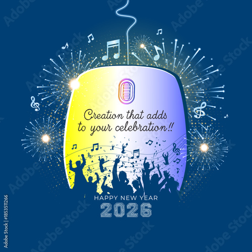 Digital computer mouse with a creative concept design for a New Year 2026 welcome party and celebration.