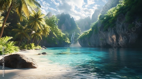Tranquil tropical lagoon scene with clear water lush foliage and mountains