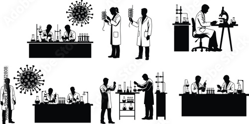 Scientist silhouette, lab research, virus study, microscope work, chemical experiment, medical science, teamwork in lab