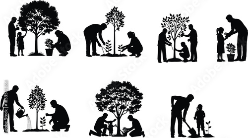 Tree planting, gardening, family activity, environmental care, teamwork, nature education, children outdoors, eco lifestyle, soil digging, watering plants