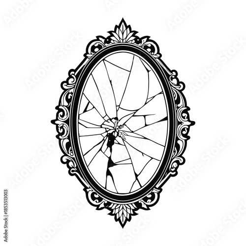 Black and white vintage oval mirror with ornate hand-carved vector art