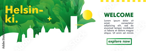 Finland, Helsinki city banner with skyline, cityscape, landmarks. Horizontal travel vector illustration layout for website, page, presentation, header, footer