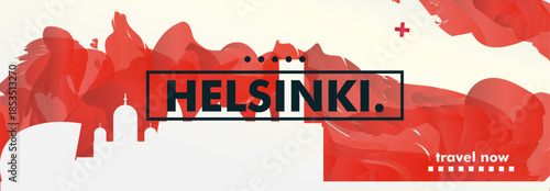 Finland, Helsinki city banner with skyline, cityscape, landmarks. Horizontal travel vector illustration layout for website, page, presentation, header, footer