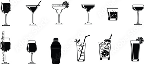 Cocktail glass icon, drinkware silhouette, bar tools, beverage vector, mixology design, stylish glass set