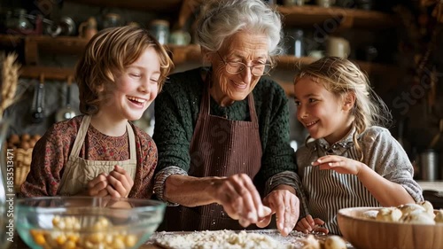 Elderly woman baking dough with two young children at table in kitchen. Grandmother cooking with grandchildren at home