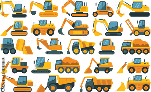 Construction machinery vehicles illustration set, excavators bulldozers dump trucks loaders collection, heavy equipment for