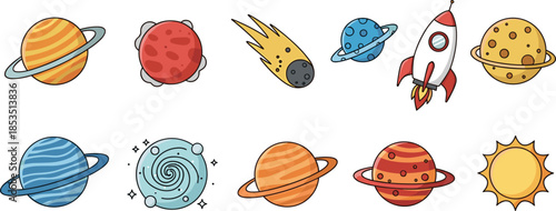 Cute space icons cartoon illustration set, planets comet rocket sun and galaxy elements collection, kids astronomy concept, colorful doodle style, cad drawing flat vector illustration