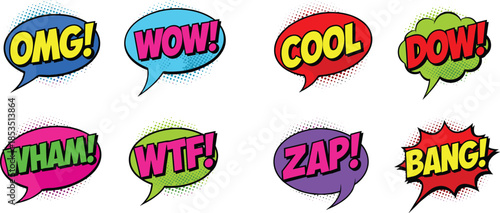 Comic speech bubble set with colorful pop art expressions omg wow cool pow wham zap bang text illustration