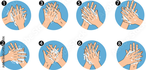 Hand washing steps illustration sequence showing proper hygiene technique with soap and water for health safety prevention guide