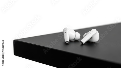 Modern white wireless earbuds resting on a sleek black surface