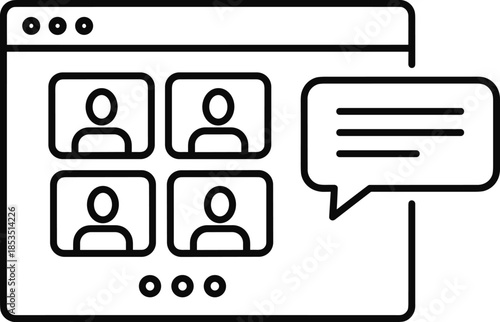 Online meeting video conference icon illustration, virtual team communication chat interface, remote work concept, outline style, cad drawing flat vector illustration