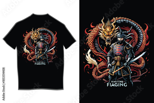 A formidable samurai warrior stands ready with his katana against a mighty dragon