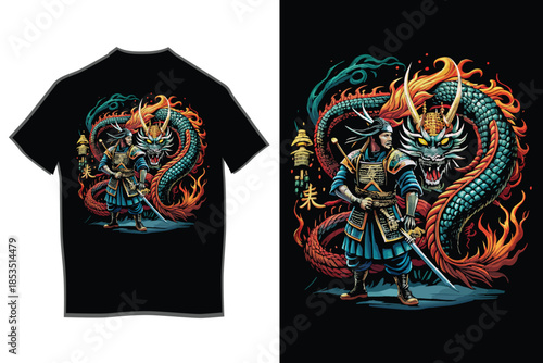 A formidable samurai warrior stands ready with his katana against a mighty dragon