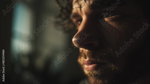 Close up portrait of thoughtful man looking away in dark room with. Concept of mental health, stress, anxiety and emotional state