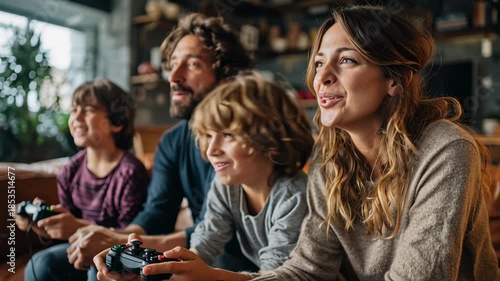 Happy family with parents and two children playing video game together in cozy living room. Concept of family bonding, leisure time and home entertainment