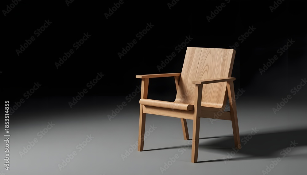 Obraz premium A modern wooden chair with armrests standing alone in a dimly lit room viewed from the side