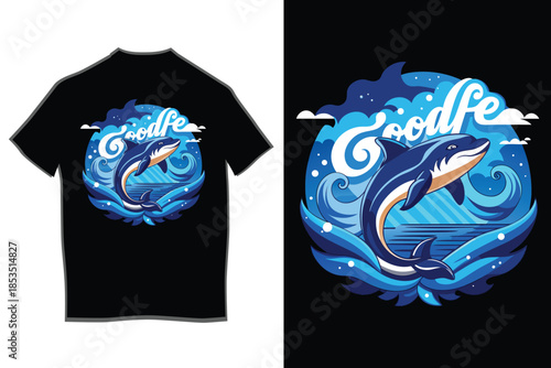 Dolphin life in the ocean wave design t-shirt graphic with cloud and bubble elements