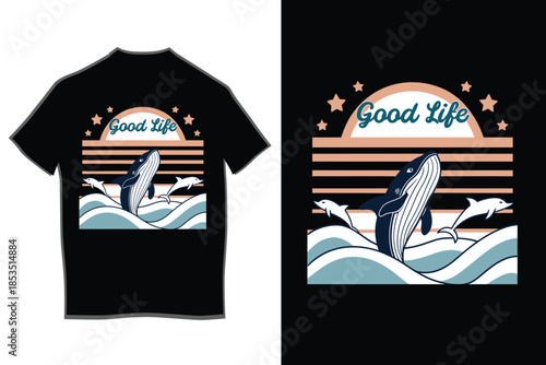 Dolphin life in the ocean wave design t-shirt graphic with cloud and bubble elements