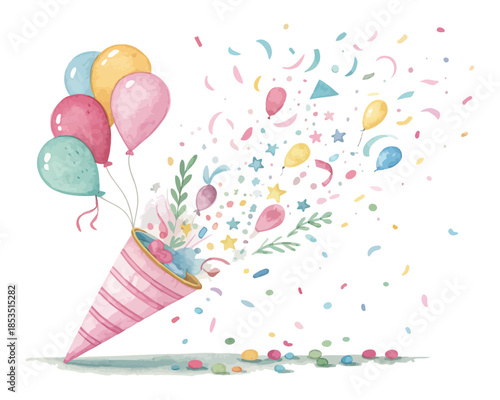 watercolor Party popper explosion isolated on white background