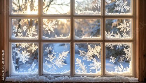 Frosty window pane revealing a snowy, sunlit outdoor winter scene with delicate ice crystals